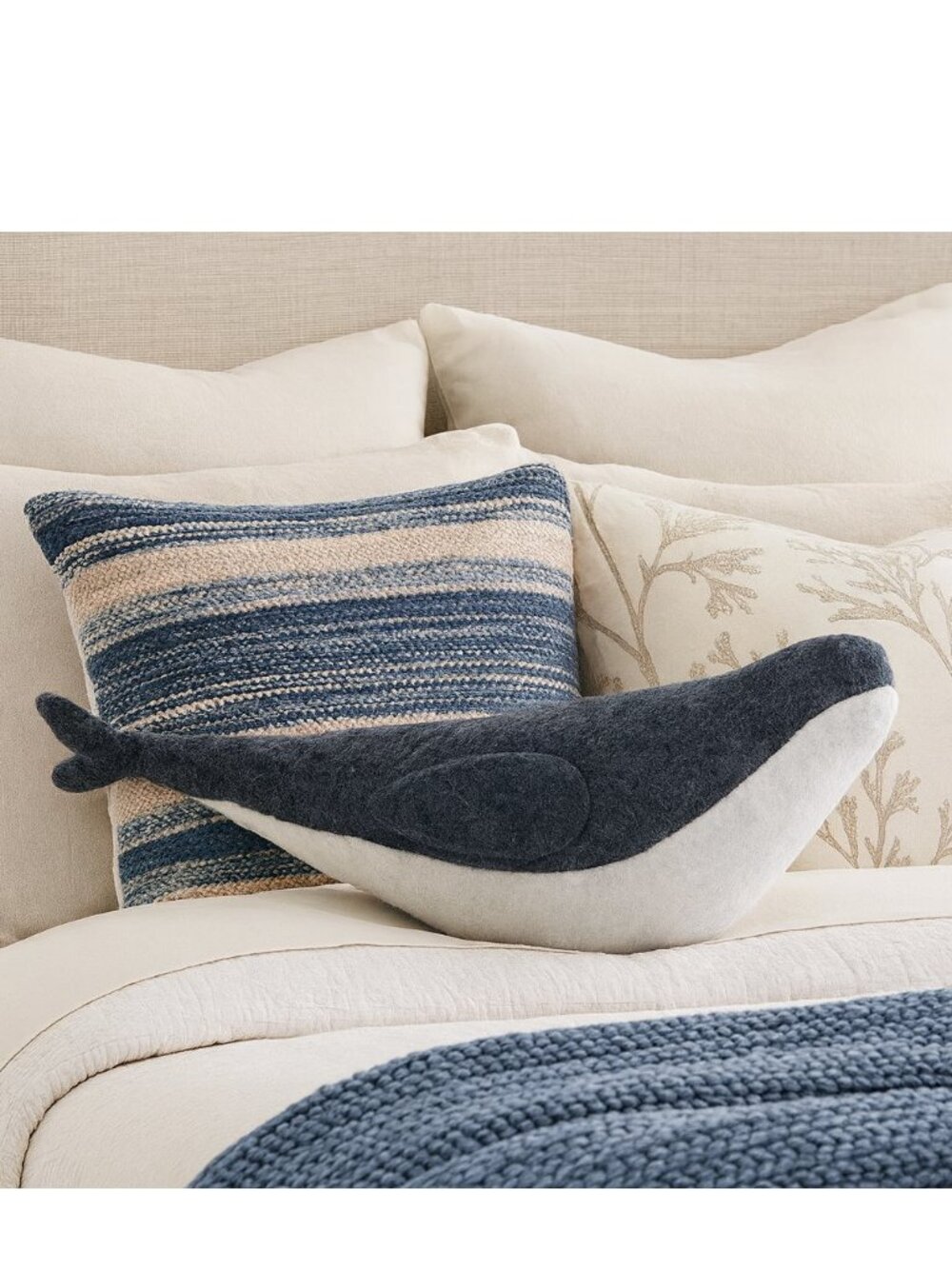Pottery Barn Wally the Whale Pillow 22"x9" Felt Animal Decor Plush Beach Nautica - Picture 1 of 8
